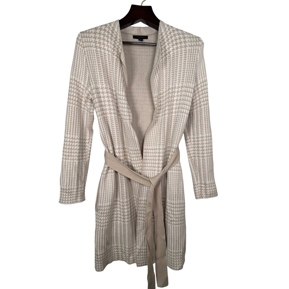 Ann Taylor Petite MP Beige White Houndstooth Plaid Belted Cardigan Sweater Coat